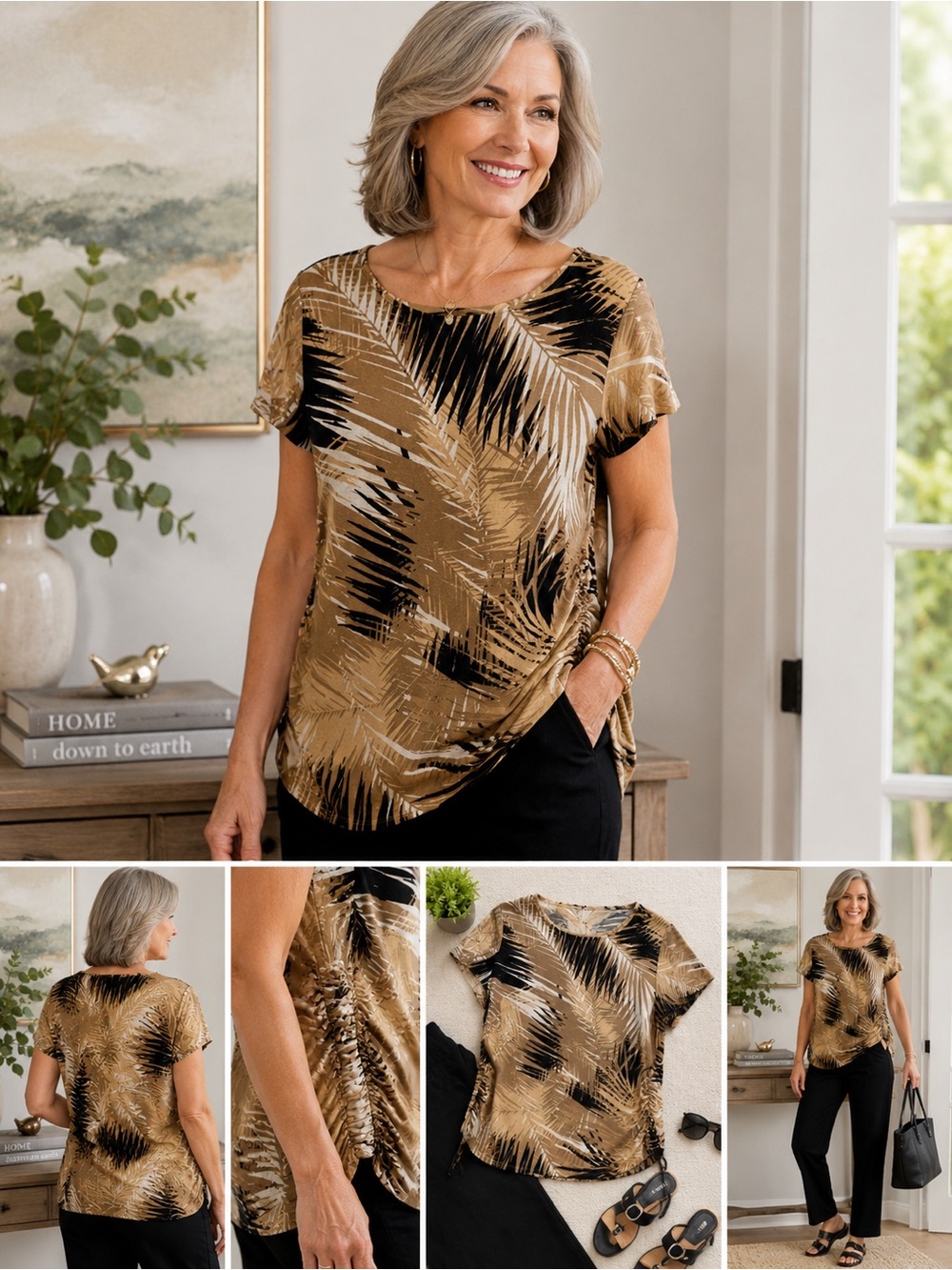 Women’s Tropical Palm Print Ruched Side Top | Tan Black Neutral Stretch Blouse